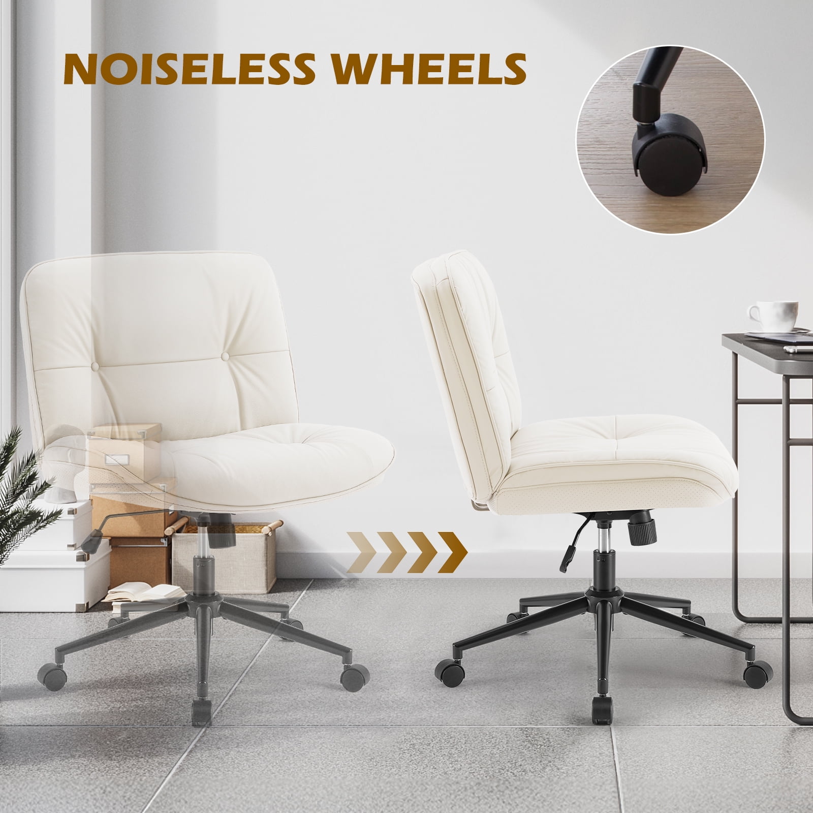 GIANNA Armless Office Desk PU Leather Wide Seat with Wheels, Criss Cross Legged Chair, Height Adjustable, Swivel, For Home Bedroom Office - Beige