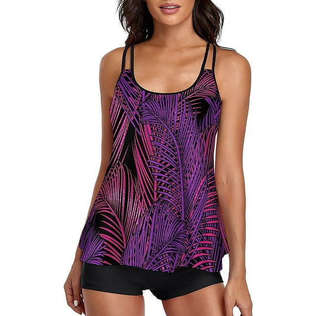 Fortune Maillots de Bain pour Femmes Ensemble Bikini 2 Pcs, Haut Tankini Imprimé Floral + Shorts Taille Haute