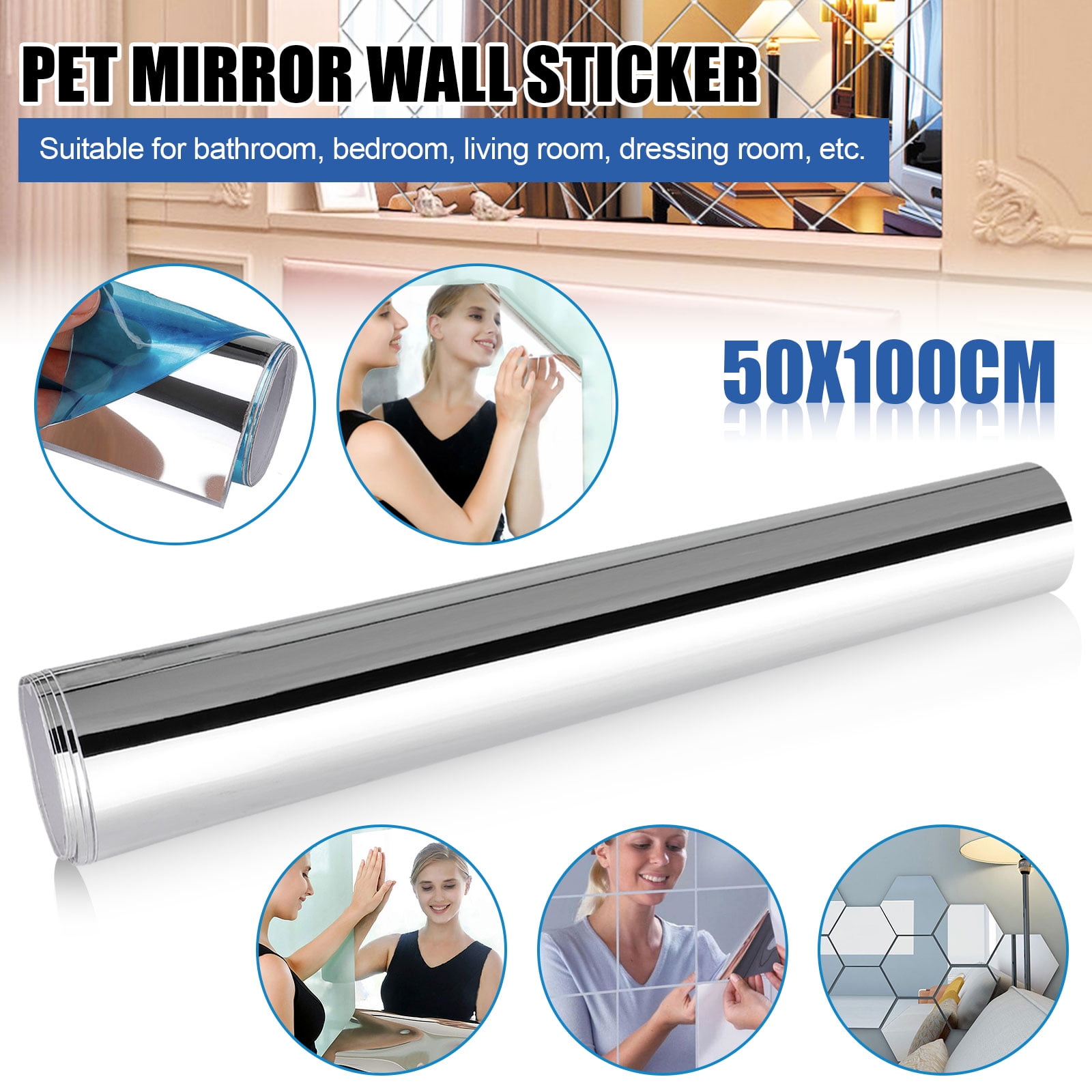 Mirror Wall Stickers Roll Self Adhesive Stick Bathroom Room Film Decor 4 Sizes g 
