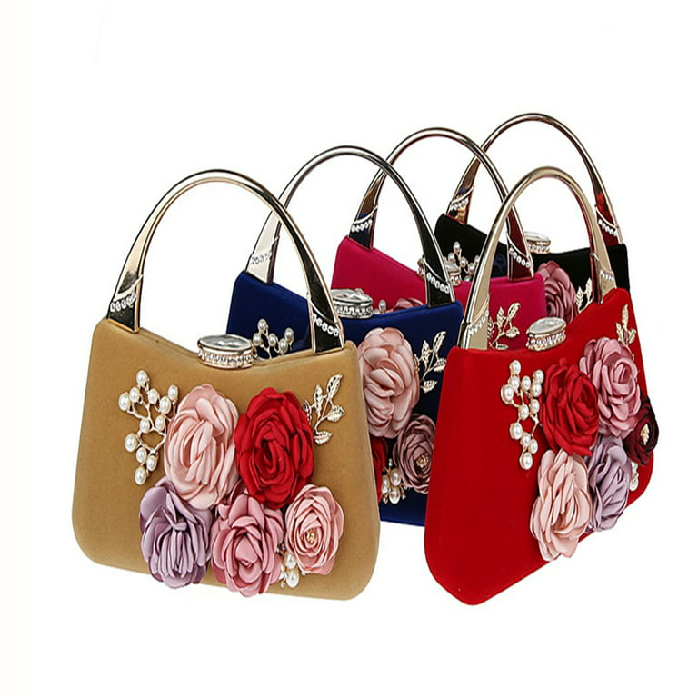 CJC Women's Flower Evening Bag Clutch Purse Handbag Metal Frame Large  Clutch Bag Wedding Hand Bag Carved Handle