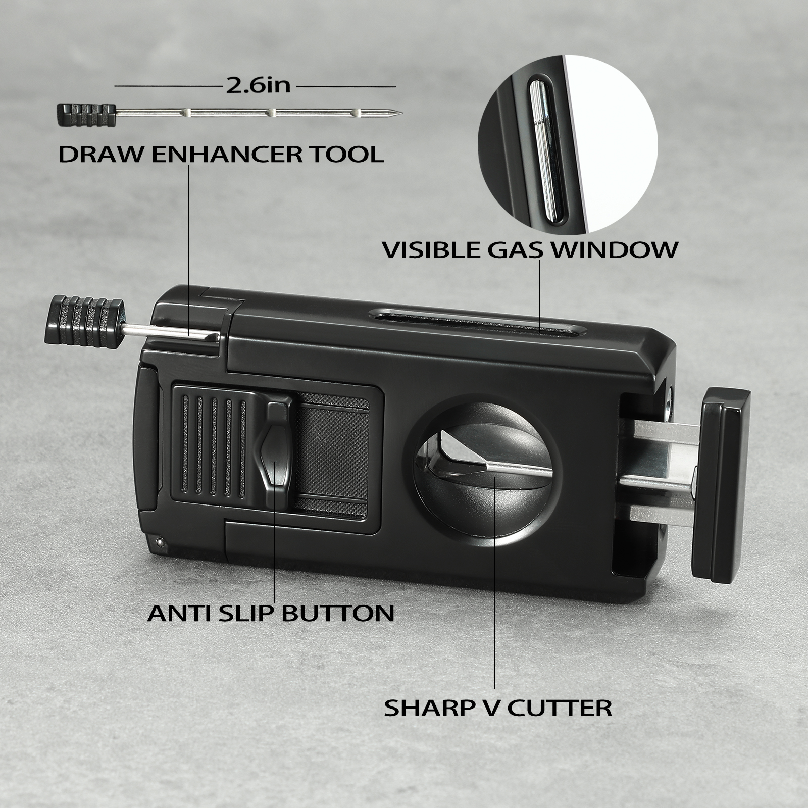 All in One Jet Flame Cigar Torch Lighter Built-in Cutter V Cut, Punch, Holder Function, Draw Enhancer Tool, Refillable and Adjustable Windproof Lighter (Sold Without Gas)