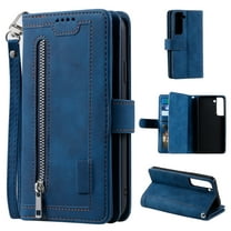 Wallet Case for Samsung Galaxy S21 FE 5G,Dteck Retro 9 Card Holder Slots Zipper Pocket Handbag Case PU Leather Magnetic Closure Kickstand with Wrist Strap TPU Shockproof Flip Case,Darkblue