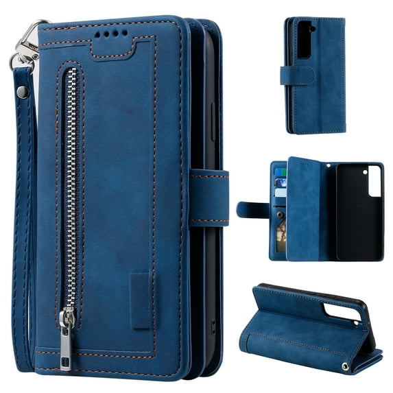 Nalacover Zipper Wallet Case For Samsung Galaxy S22 Plus,360 Protection Luxury PU Leather Flip 9 Card Slots and 2 Cash Pockets Holder Magnetic Shockproof Cover with Detachable Wrist Strap,Darkblue