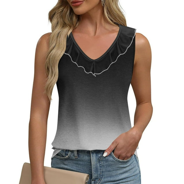 Sentmoon Débardeurs pour Femmes Été Col Rond Coupe Régulière Tendance Tops pour Femmes 2025 Boho Grand Bretelle Volants Dégradé Sans Manches T-Shirts Chemises Décontractées pour Vacances à la Plage Noir TG