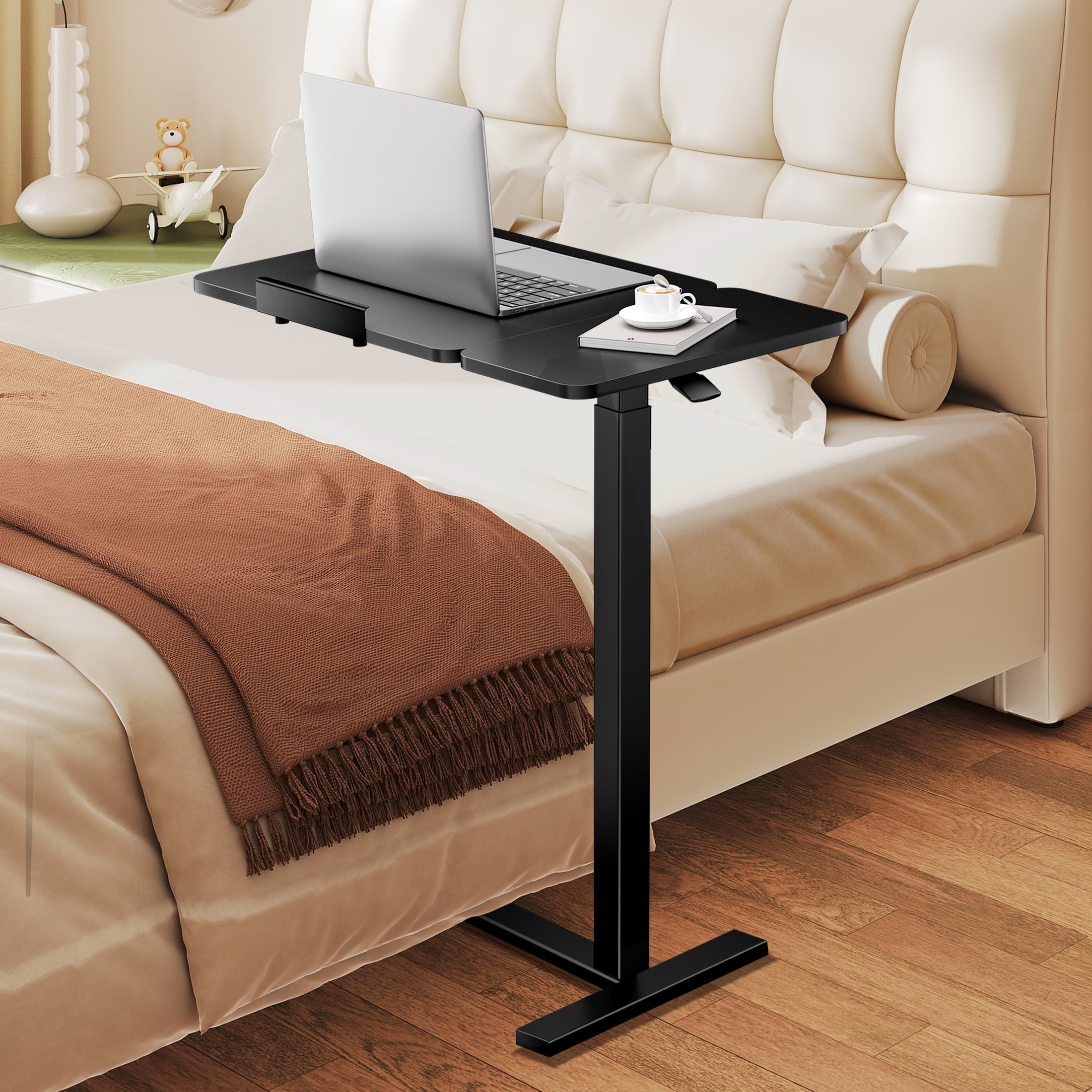 ZUNMOS Overbed Bedside Lap Desk with Wheels and Tilt Top, Mobile Standing Lap Desk Pneumatic Adjustable Height for Home Office Bedroom Sofa, Black