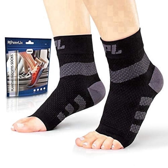 Powerlix Plantar Fasciitis Socks with Ankle Support for Swelling & Foot Pain Relief, Small, Black