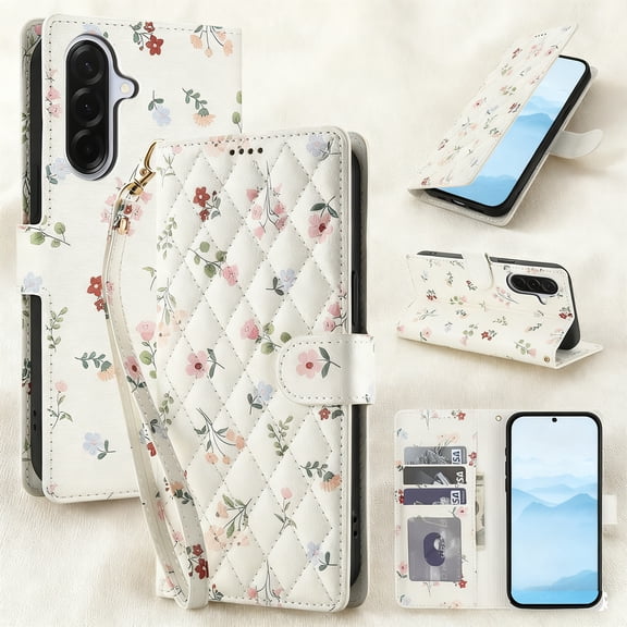 Wallet Case for Samsung Galaxy A16 5G with Credit Card Holder, Wrist Strap, Cute Flower Pattern PU Leather Stand Flip Case, Magnetic Clasp Shockproof Cover for for Samsung Galaxy A16 5G, Pattern-A