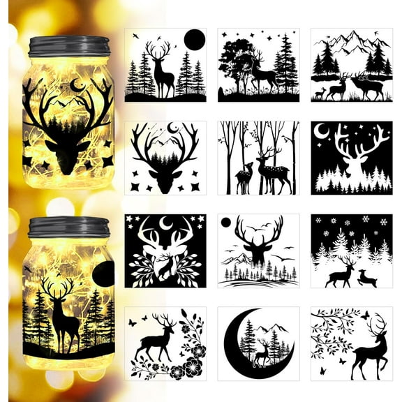 Wild Deer and Tree Silhouette Cutouts for Jars Mason Can Glass Wishing Bottle Decor(No Stickers) 12Pcs Reusable Silhouette Lantern DIY Craft Kit Jar Decals Art Mural Home Garden Decor