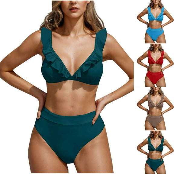 UTSJKR Ruffle Swimsuits for Women Fashion Tummy Control Strap High Waisted Tankini Bikini Sets Two Piece Solid Beach Bathing Suit Blue L