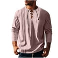 thumbnail image 2 of JUUYY Men's Cotton Linen Shirts Fashion Henley Shirts Long Sleeve Lace Up Retro Style V Neck Beach Solid Color Shirts Tops Pink XL, 2 of 9