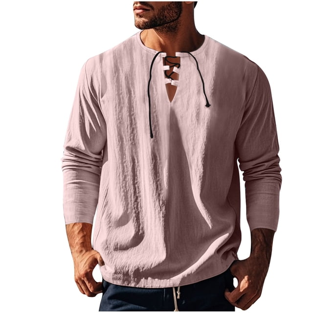 zbxnLI Mens Linen Shirts Drawstring V Neck Long Sleeve Shirt Lightweight Spring Fall Long Sleeve T-Shirts