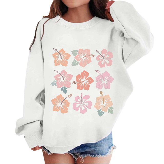 MEZZALL Chandail en Molleton Graphique pour Enfants Fille Col Rond Manches Longues Imprimé Floral, Blanc, 10-11 Ans