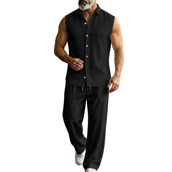Bpyeka Men's Linen-Look Sleeveless Two-Piece Matching Set, Button Down Collar Shirt & Drawstring Waist Pants, Breathable Casual Outfit, S-3XL