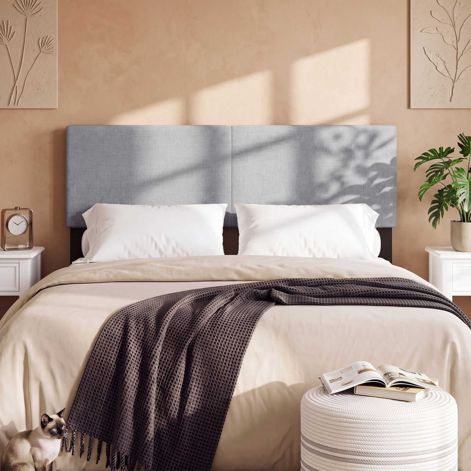 Furnibear Upholstered Headboard for Full and Queen Size Beds, Faux Linen Bed Frame Headboard with Adjustable Mounting Legs, Fits Queen Bed Frame, Gray