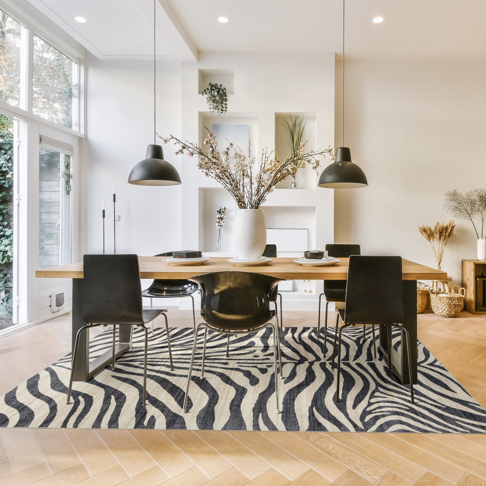 Crystal Print Zebra Modern Striped Black White Washable Indoor Area Rug, 3x5