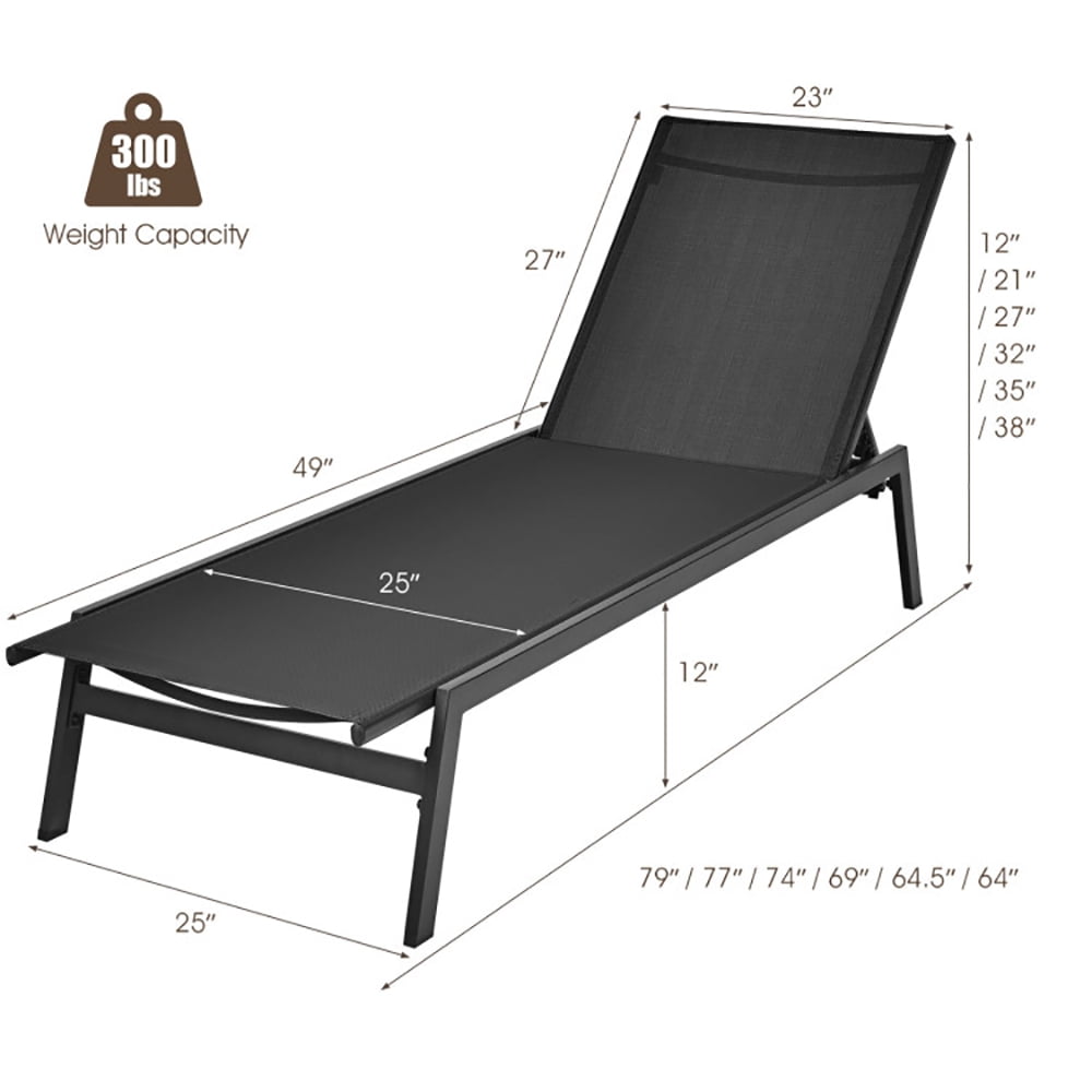 Aimee Lii Outdoor Reclining Chaise Lounge Chair with 6-Position Adjustable Back, Patio Loungers, Black