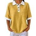 thumbnail image 3 of AHTJRT Waffle Knit Golf Shirt for Women Contrast Lapel Collar Short Sleeve T Shirt Lightewight Comfy Loose Fit Lounge Vacation Tops Yellow M, 3 of 10