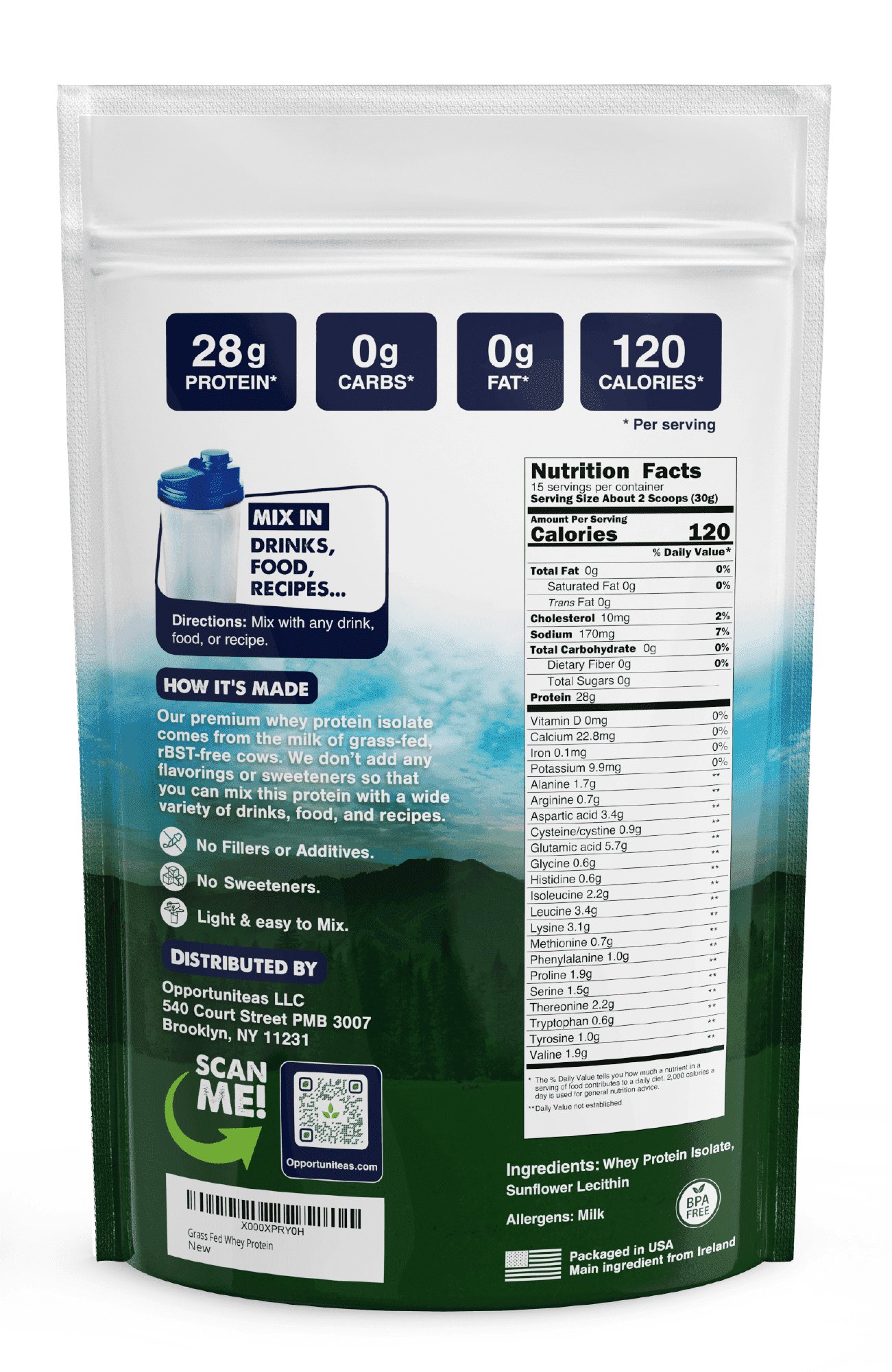Opportuniteas Grass Fed Whey Isolate Protein Powder – Unflavored, Heavy-Metal Tested, 28g Protein, Sourced from Ireland, Hormone-Free, Non-GMO, Packaged in USA – 1lb