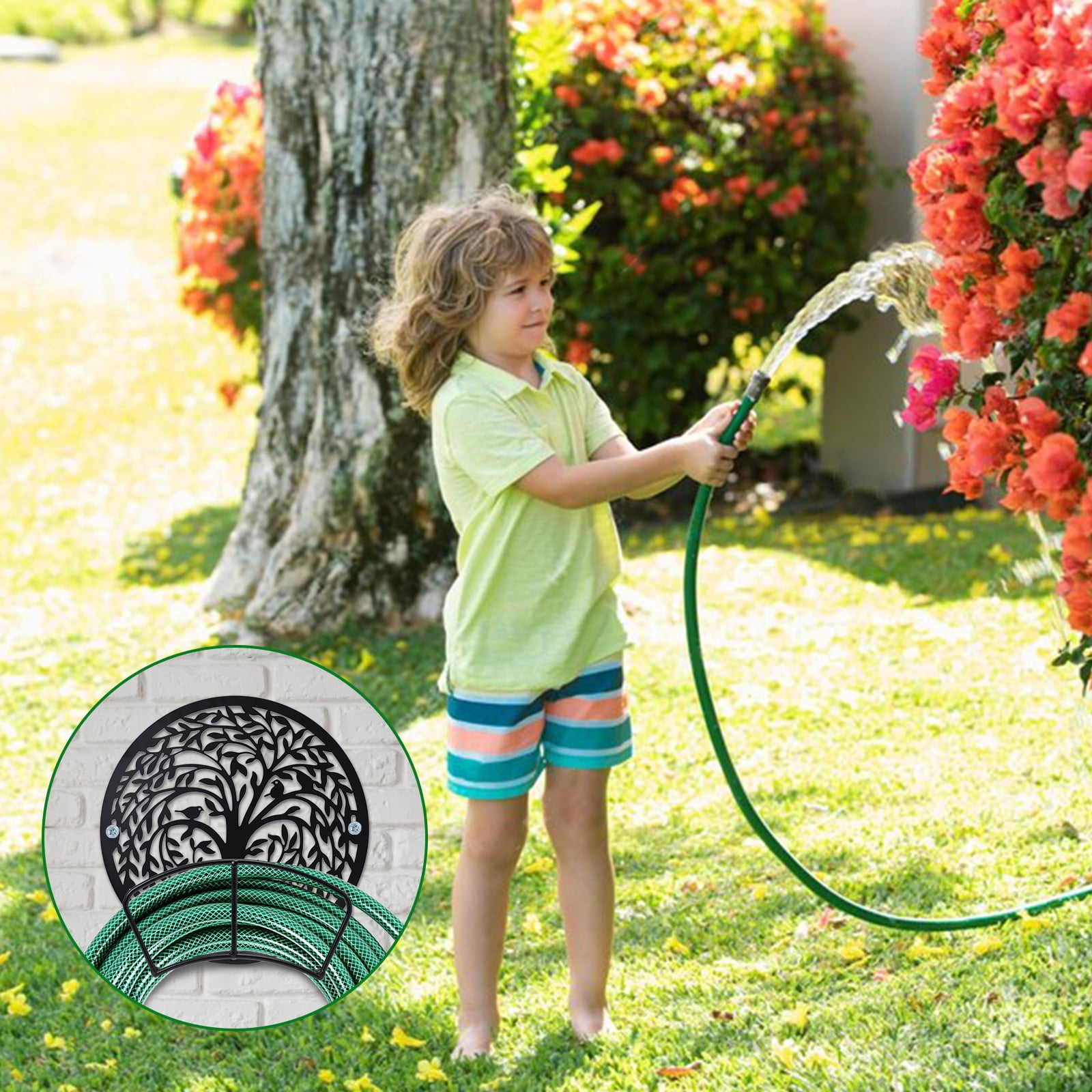 Hose Holder, Garden Water Reel Hanger,Outdoor Water Pipe Iron Rack,Wall-Mounted, Outdoor Hose Storage, Decorative Water Pipe Rack, Tree Pattern