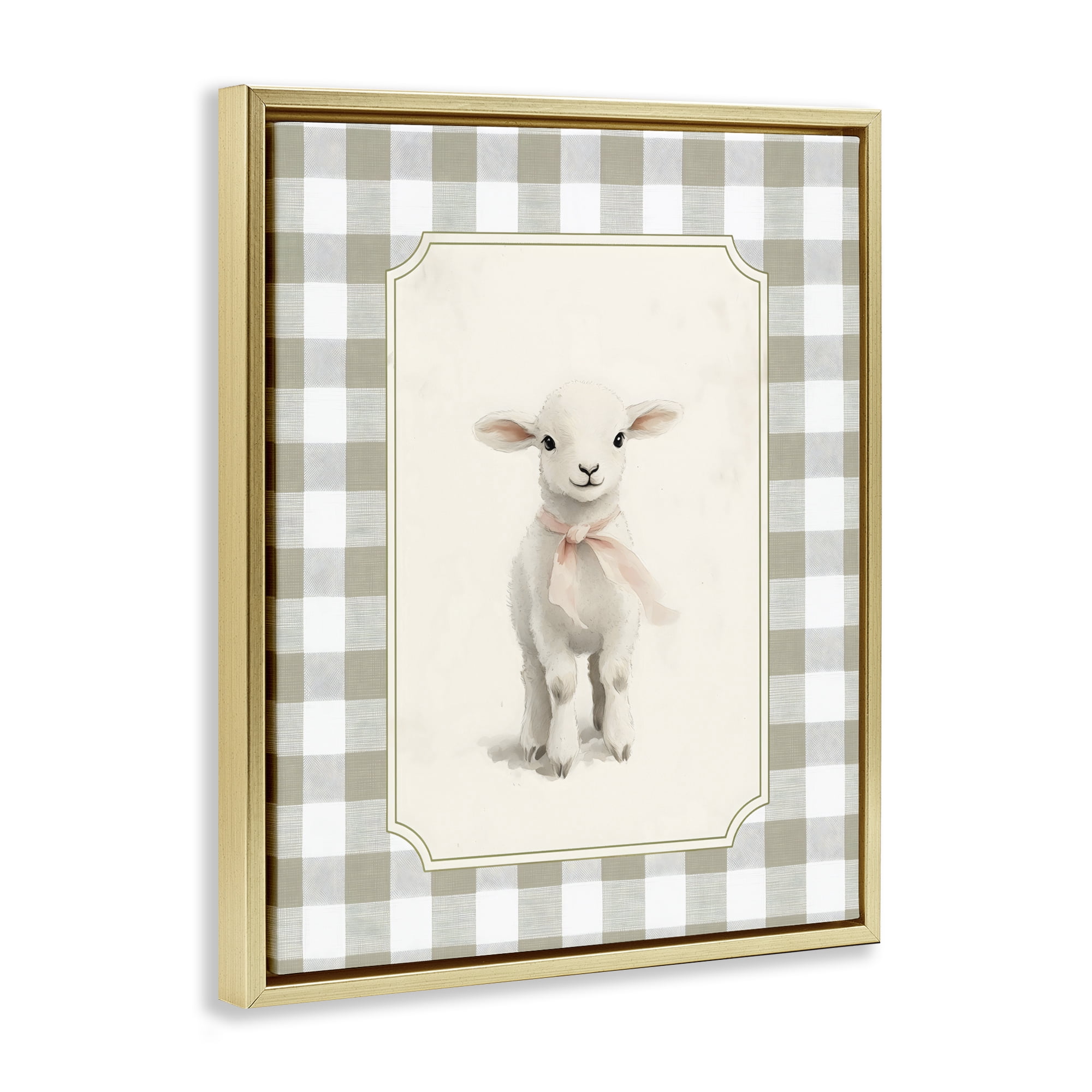 Stupell Industries Gingham Lamb with Pink Ribbon Gold Framed Floater Canvas Wall Art, design by Arlington Prints