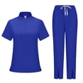 thumbnail image 2 of Mock Neck Scrubs Sets Women Jogger Medical Nurse Uniforms Stretch Petite Yoga Polyester Short Sleeve Scrub Shirt Wide Leg Uncuffed Scrub Pant Dark Blue 2XL, 2 of 3