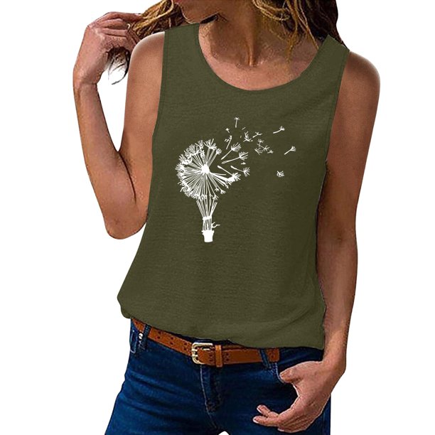 Camisetas sin mangas para las mujeres 2024 Camiseta sin mangas para mujer, camisetas de verano sin mangas, camiseta de vacaciones informal con gráfico de ramo de flores (Army Green, S)