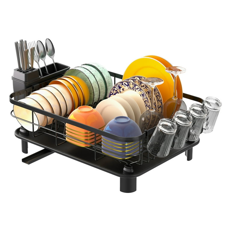 Poeland Dish Drying Rack with Drain Pan, Plate Pot Lid Holder and Dish  Drainer for Kitchen Counter Cabinet