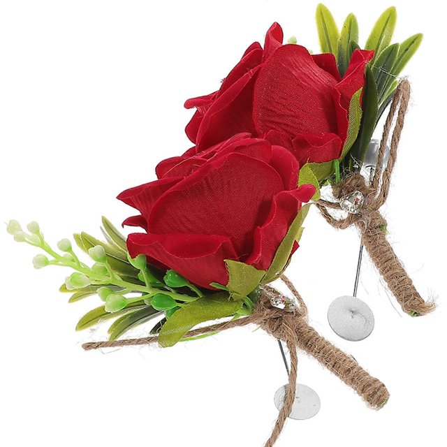 Red Wedding Boutonniere Rose Corsages for Groom and Bride 2Pcs Pack