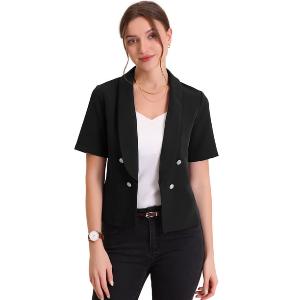 Cárdigan informal con cuello chal y parte delantera abierta para mujer, chaqueta de traje de oficina de trabajo de manga corta Negro XL
