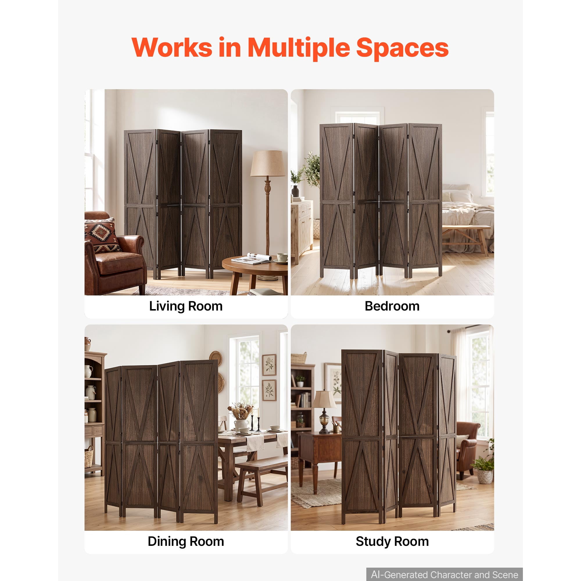 KFFKFF 4-Panel Wooden Room Divider with X Pattern, Folding Privacy Screen for Home Decor and Room Separation, 67 Inches Tall, Solid Frame, 360° Two-Way Hinges, Rustic Wooden Partition with Hardware