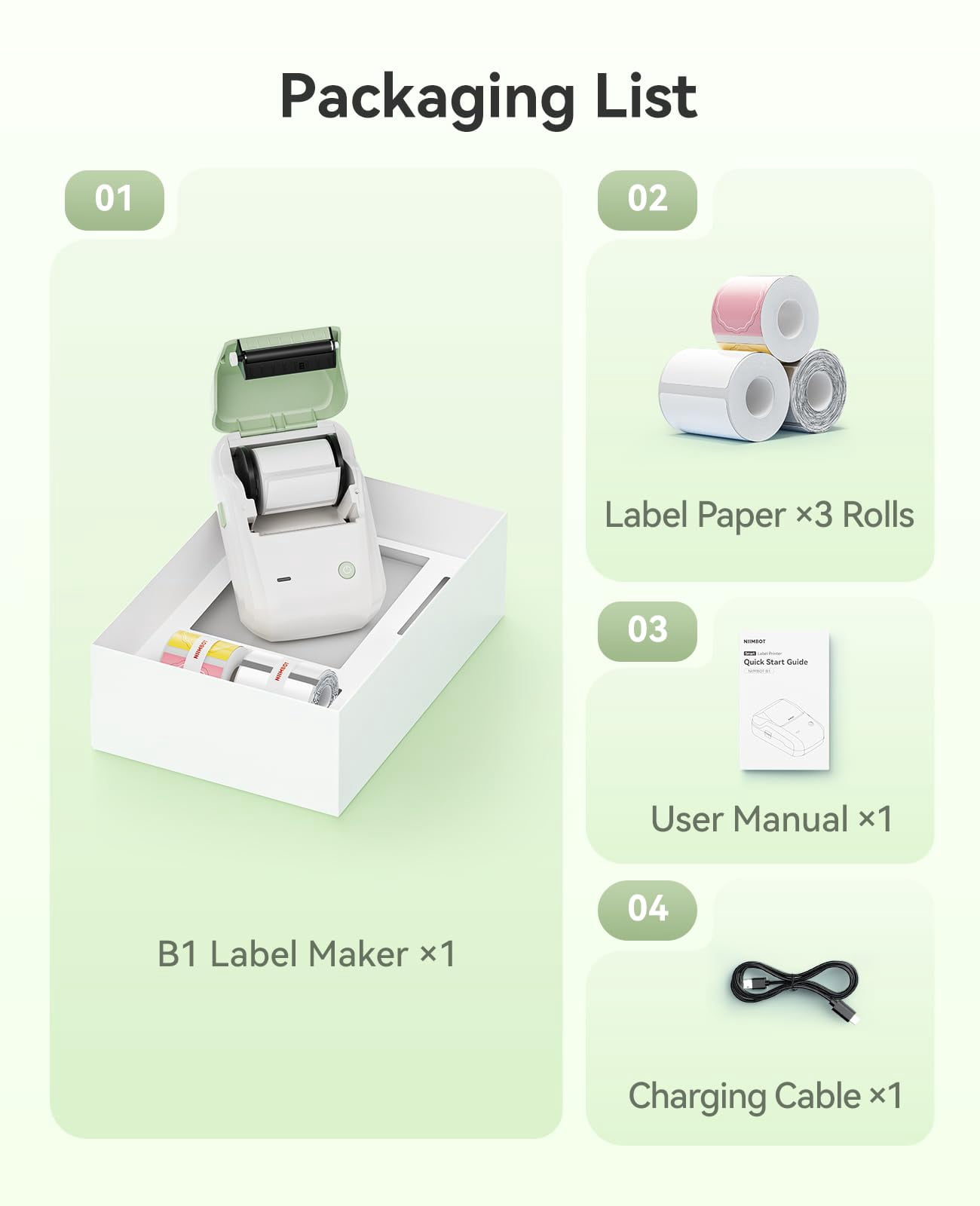 B1 Label Maker Machine  Thermal Printer Easy To Use For Office Home Business Came With 3 Roll Labels(green)