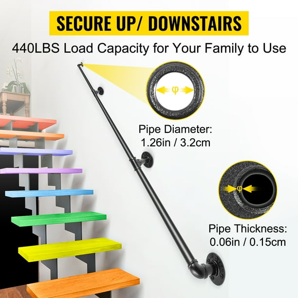 Pasamanos de escalera de tubo VEVOR pasamanos de escalera de 8 pies 440 libras de capacidad de carga pasamanos de tubo de acero al carbono pasamanos de tubo industrial con soporte