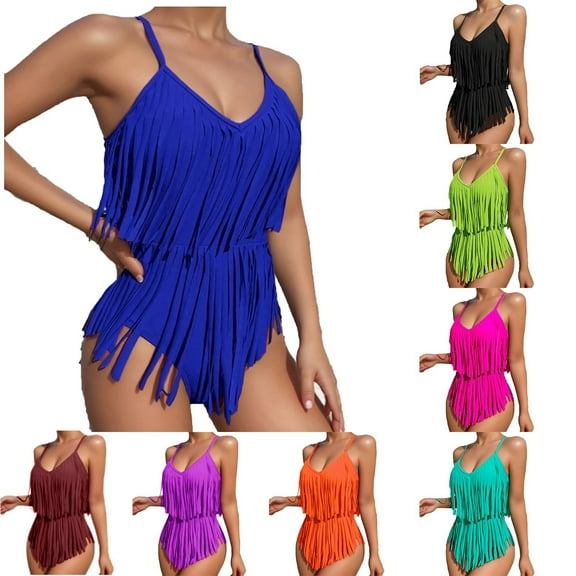 UTSJKR Women's Fringe Trim Swimwear Spaghetti Strap Sleeveless One Piece Swimsuit Beachwear Tassel Vacation Tankini Suits Black XL