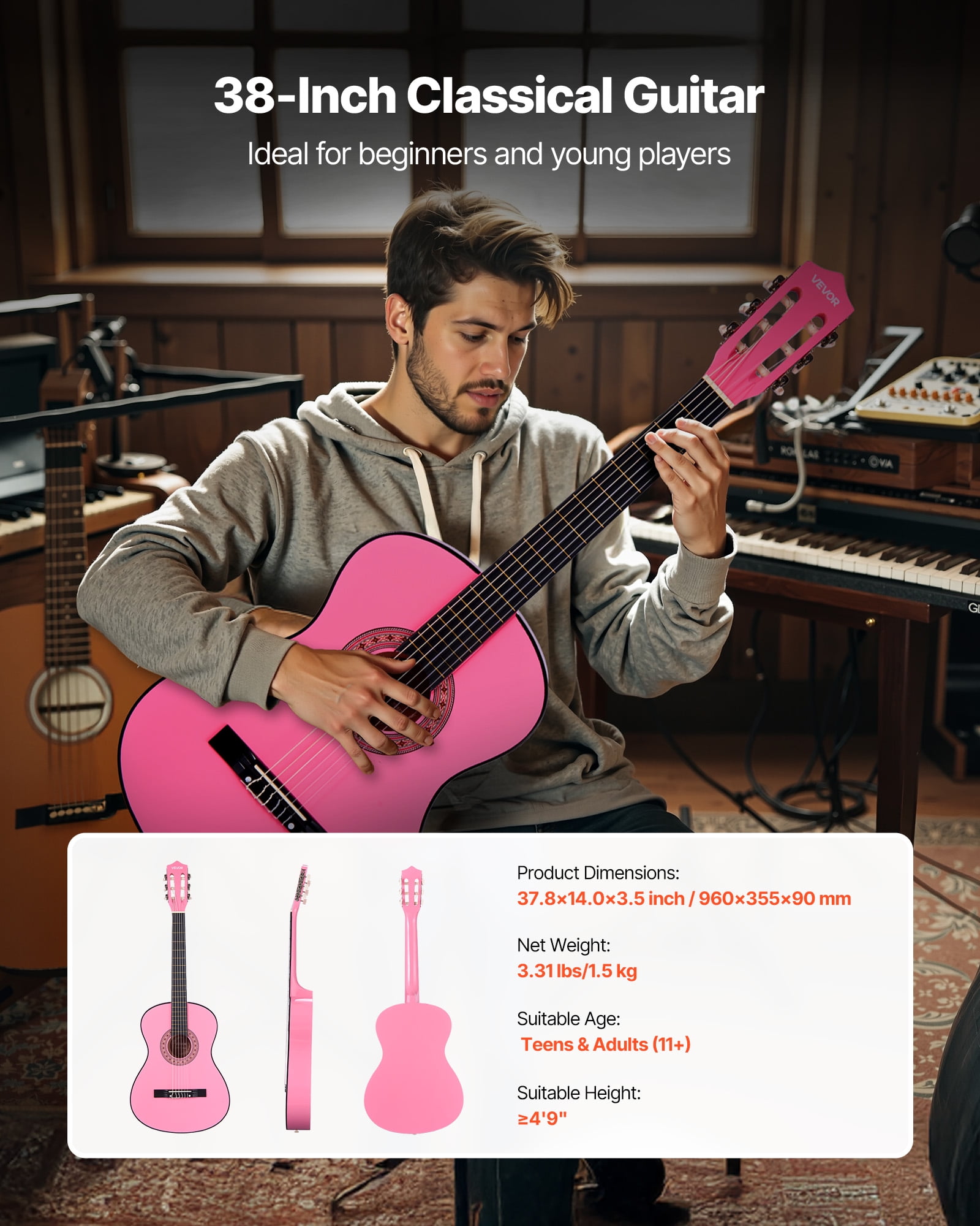 VEVOR 38in Classical Guitar, Wood Guitar Starter Kit for Beginners, with Nylon Strings, Gig Bag, Strap, Tuner, Extra Strings, Picks, Capo, Basswood, for Teenagers Adults Students, Pink