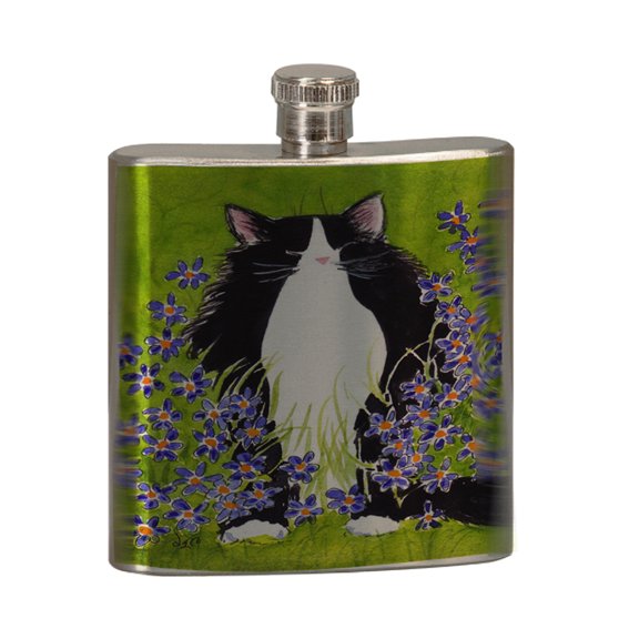 KuzmarK 6 oz. Stainless Steel Pocket Hip Liquor Flask - Tuxedo Maine Coon Cat with Blue-Eyed Grass Art by Denise Every