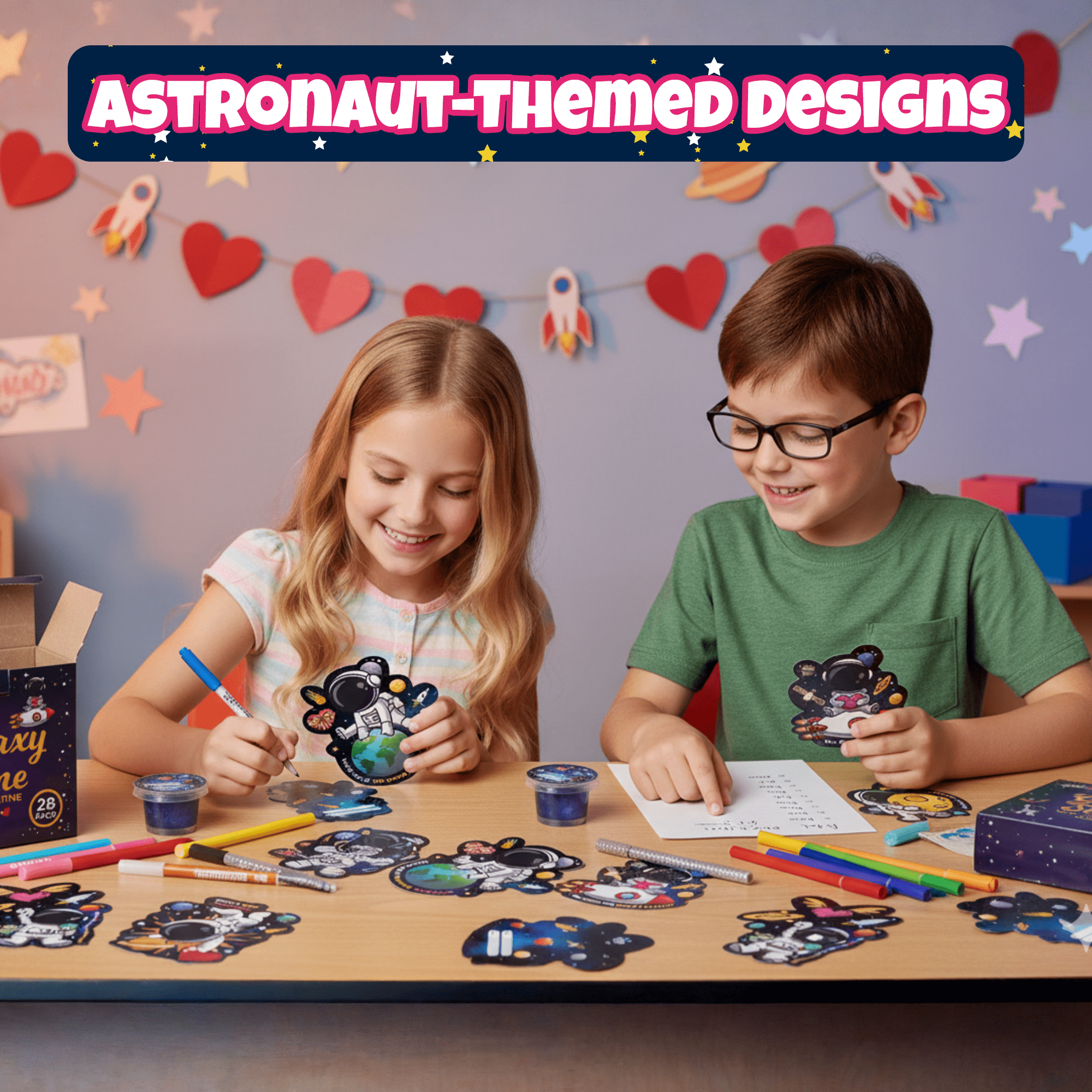 4E's Novelty Valentines Cards with Slimes for Kids (28 Pack) - Galaxy Slime Valentine, Astronaut Cards