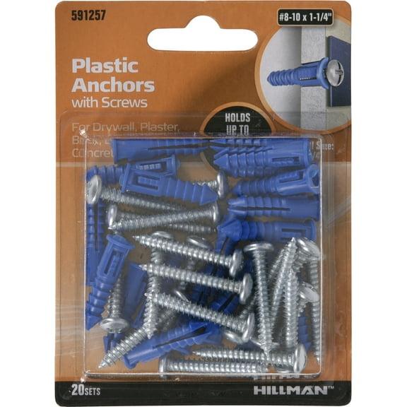 Hillman Ribbed Plastic Anchors with Screws (#8-10 x 1-1/4") - 20 Sets
