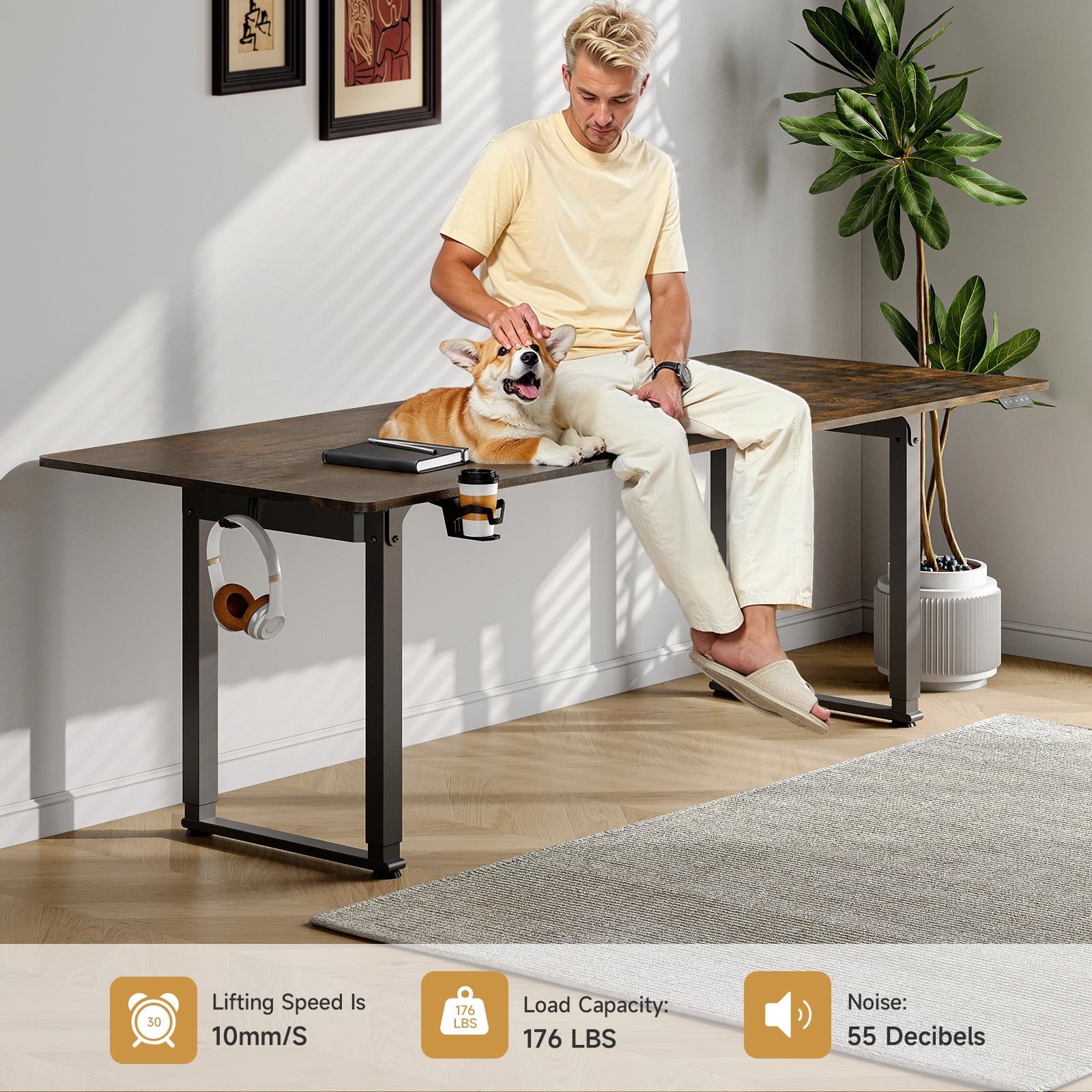 71x32 Inch Rectangular Standing Desk, Features a Sturdy 4-leg Design, Dual-Motor Lift System, and Memory Settings. Height adjustable from 28 to 46 Inches for Home and Computer Work, Rustic Brown