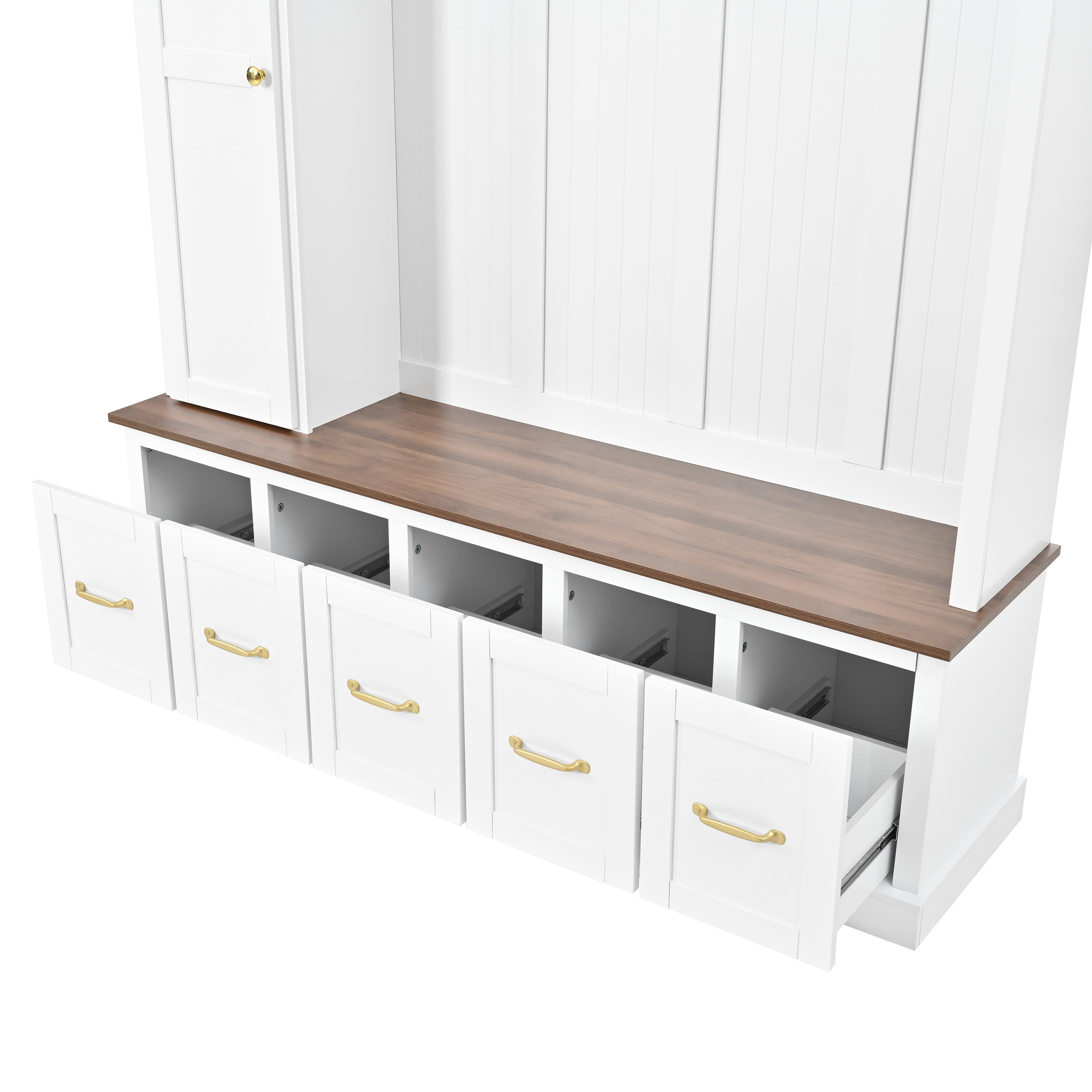 HOQBN 79"H Entryway Hall Tree with 5 Coat Hooks,Shoe Bench & 5 Drawer Storage Cabinet, All-in-One Storage Organizer Coat Rack for Hallway, Living Room,White