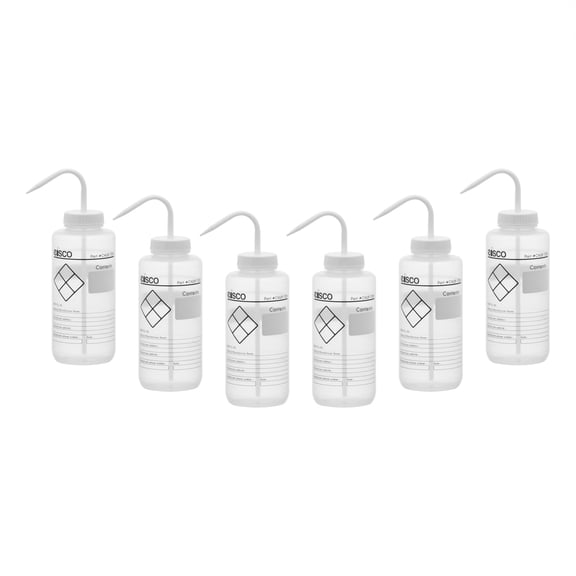 6PK Chemical Wash Bottle, Blank Labels, 1000ml - Wide Mouth, Self Venting, Low Density Polyethylene - Performance Plastics by Eisco Labs