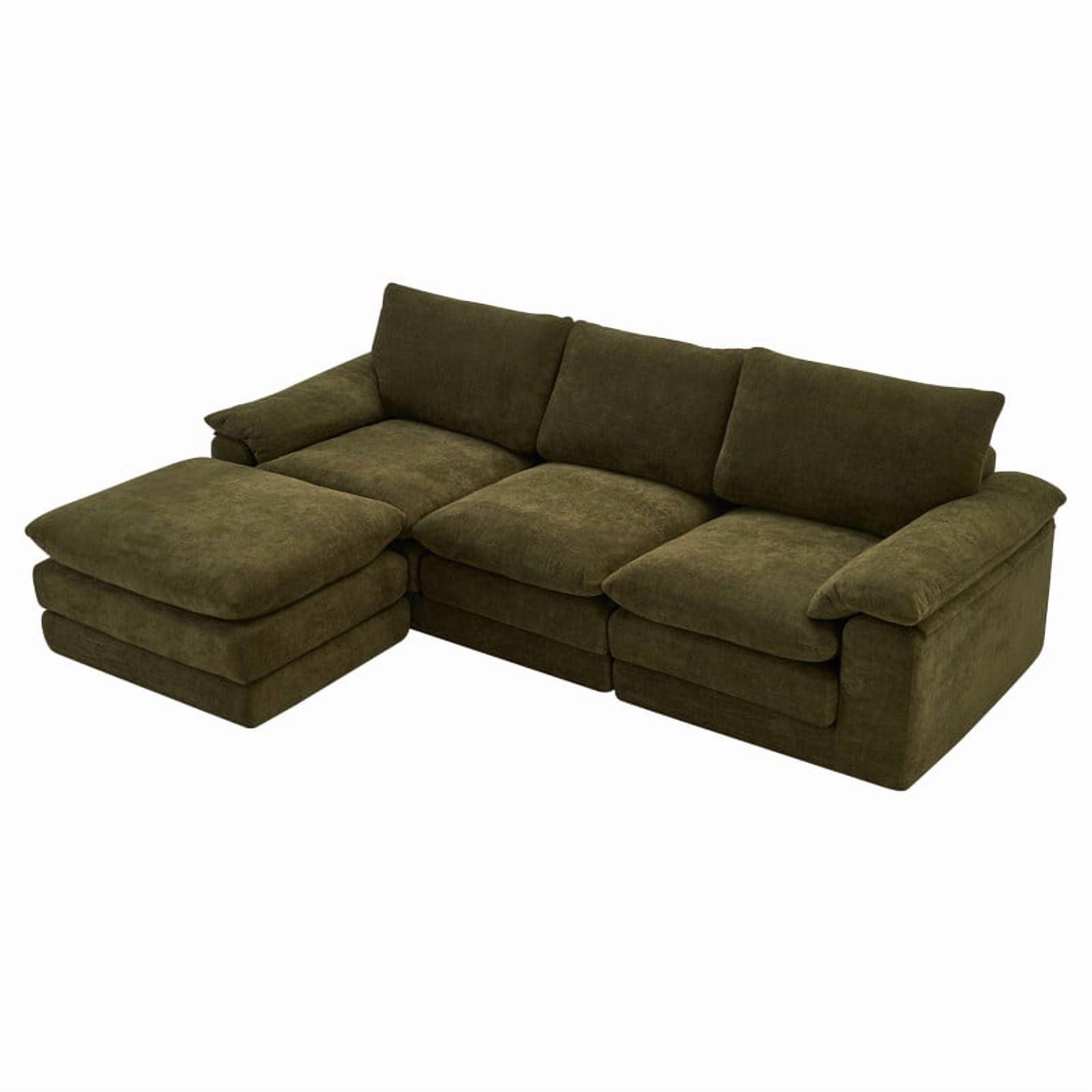L-Shape Compressed Sectional Sofa with Movable Ottoman, 4-Seat Upholstered Chenille Deep Seat Modular Sofa Floor Couch