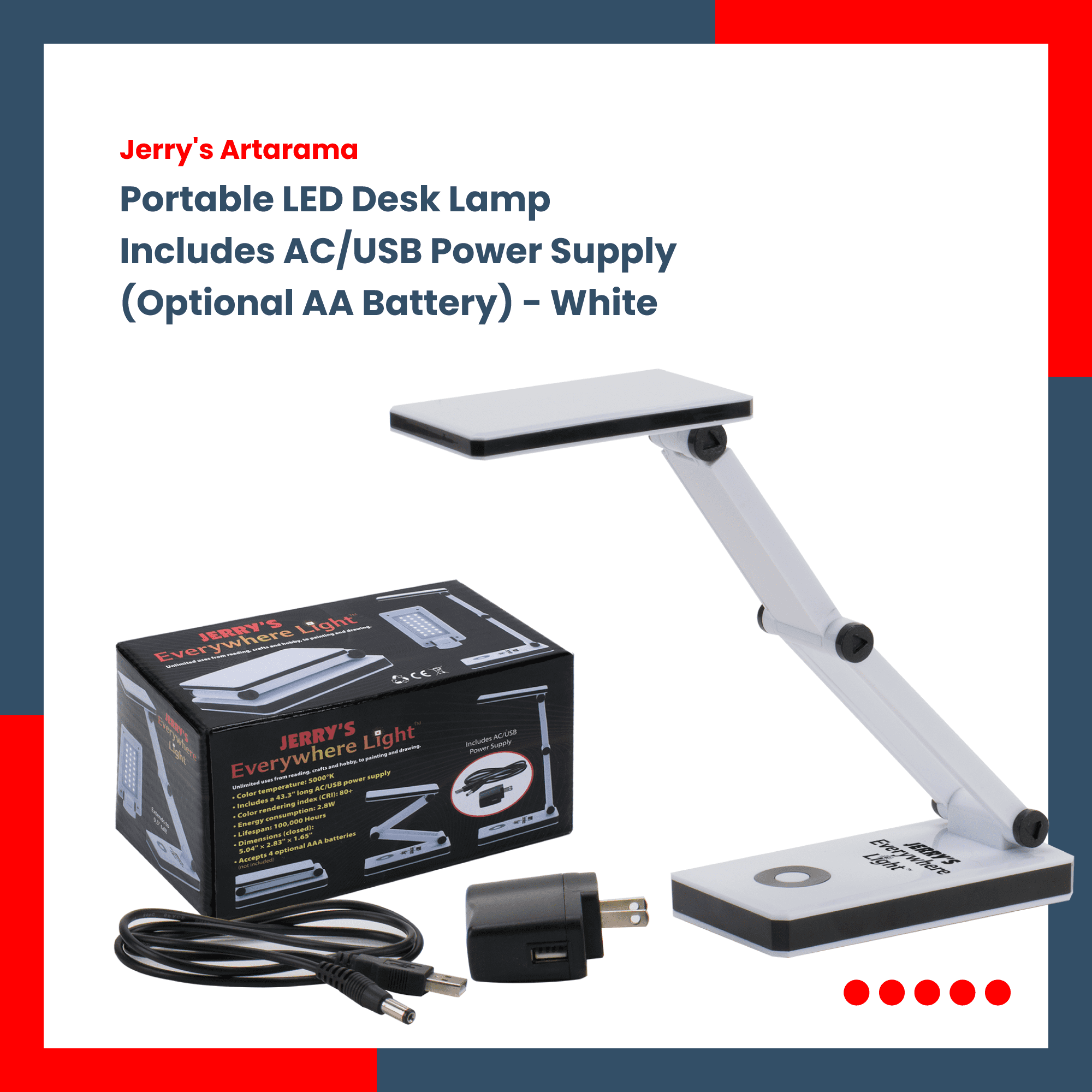 Jerry's Artarama Portable LED Desk Lamp - Flexible Gooseneck, Adjustable Level 24 LEDs, Stepless Dimming Desk Lamp, Perfect for Crafting - Includes AC/USB Power Supply (Optional AA Battery) - White
