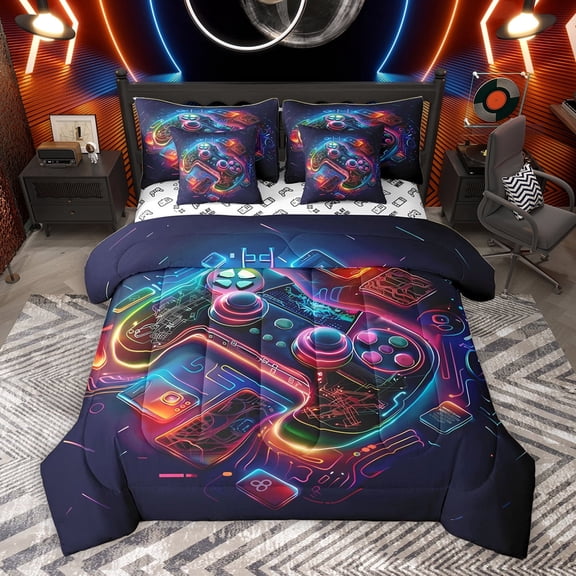 Homewish Cartoon Game Console Bedding Comforter Set 7pcs for Teen, Modern Boys Gaming King Bedding Sets, Video Game Gamepad Reversible Bed Sheets, Super Cozy Room Decor