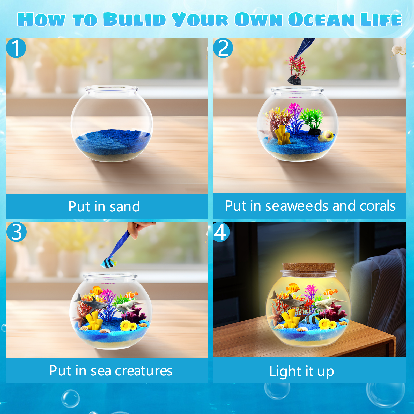 Ocean Light Up Terrarium Craft Kit for Kids - LED Night Light Birthday Gift for Boys & Girls Ages 4 5 6 7 8-12, Ocean Themed Toys for Kids