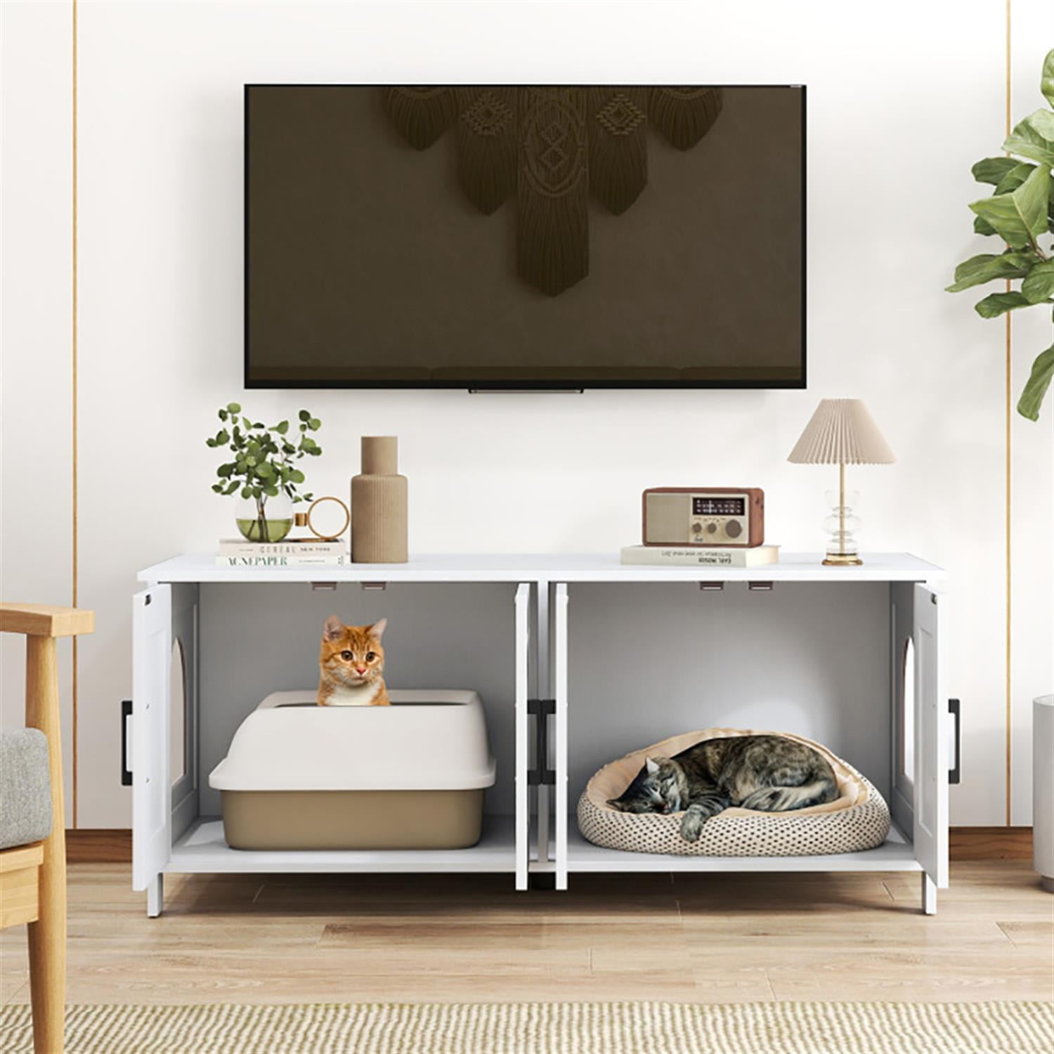 Kadyn 48" Modern Cat Litter Box Enclosure, Hidden Litter Box for 2 Cats, Cat House Furniture for Side Table or Nightstand, White Kadyn 48" Modern Cat Litter Box Enclosure, Hidden Litter Box for 2 Cats, Cat House Furniture for Side Table or Nightstand, White