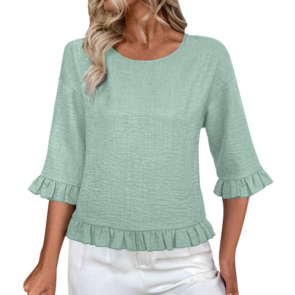 Luvrsol Womens Tops 3/4 sleeve Cotton and Linen Shirt Casual Solid T-shirt Top, Size S-2XL