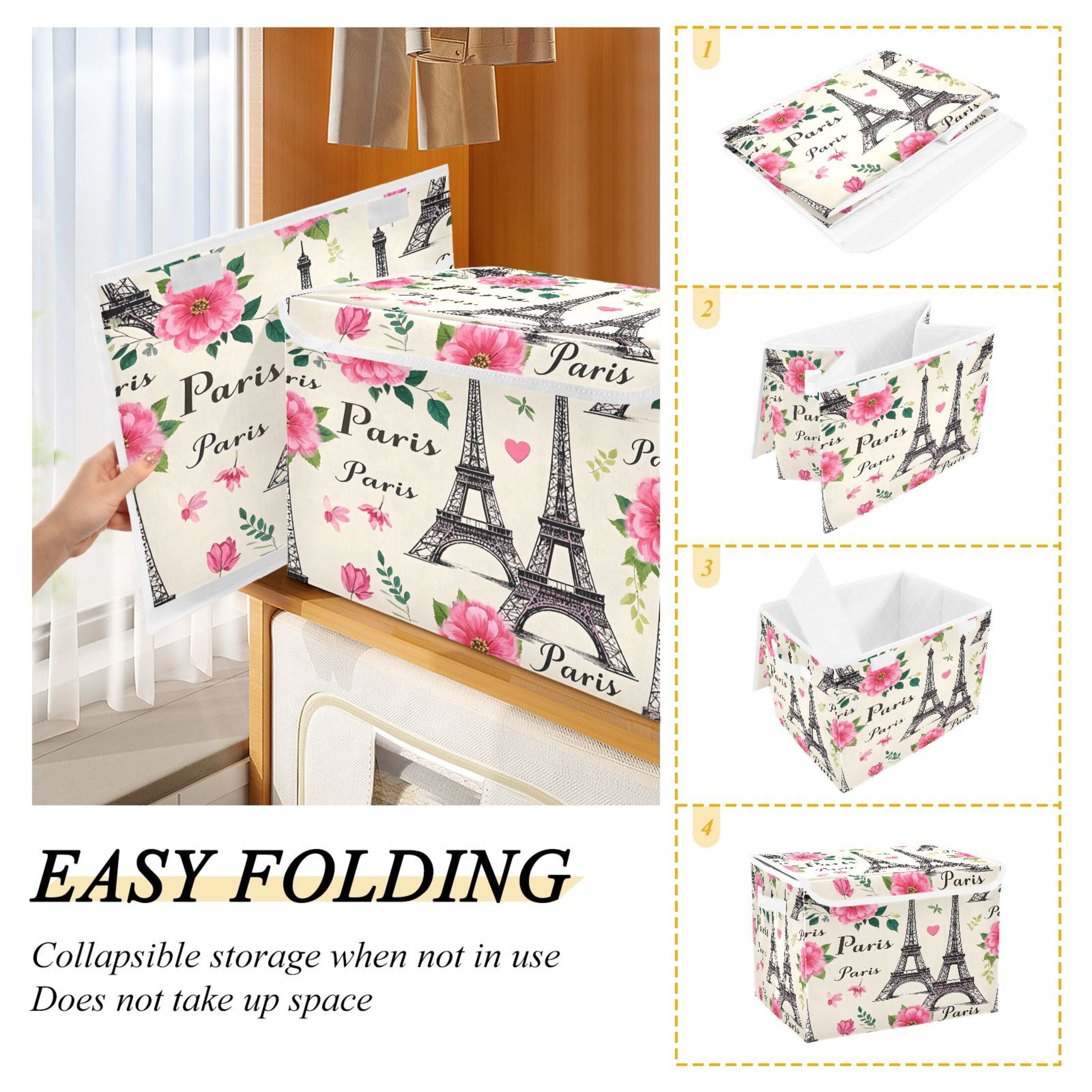 Ryvnso Paris Tower Flowers Large Lidded Foldable Storage Baskets Cubes Boxes Lids Bin for Home