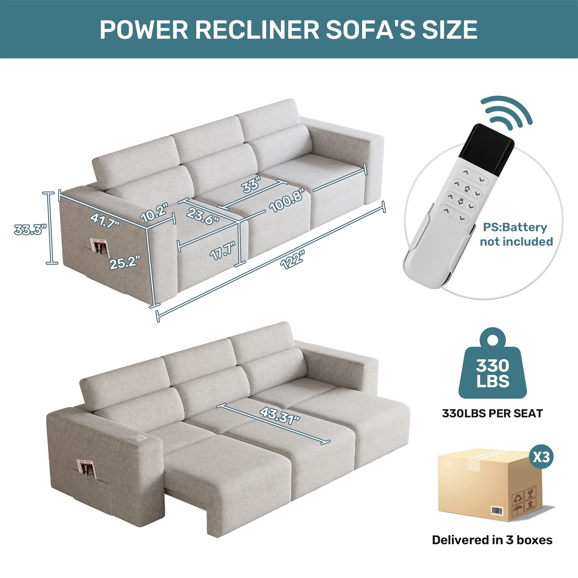 124" Convertible Power Recliner Sleeper Sofa with Adjustable Headrests, PU Leather 3-Seat Couch with Bluetooth Speakers, Wireless Charging, USB/Type-C & Night Light, Waterproof Faux Leather, Gray