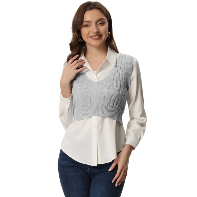 Chaleco Corto de Punto para Mujer Allegra K Camisetas sin mangas de Punto con Cuello En V gris L