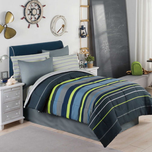 Gray Blue Green Boys Stripe Full Comforter Set 8 Piece Bed In A Bag Walmart Com Walmart Com